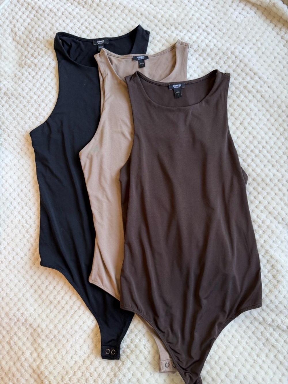 Express Scoop Neck thong Bodysuits in Black, Taupe and Chocolate